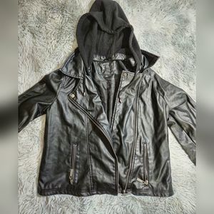 J2 Joujou Womans Large Black Leather Stylish Jacket Hooded